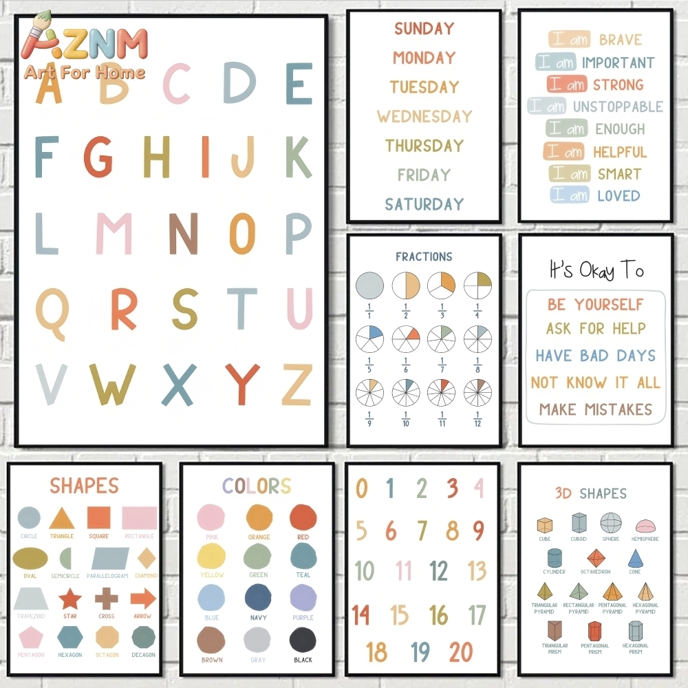 Educational Cartoon For Kids - AZNM Educational Alphabet Numbers Frameless Canvas